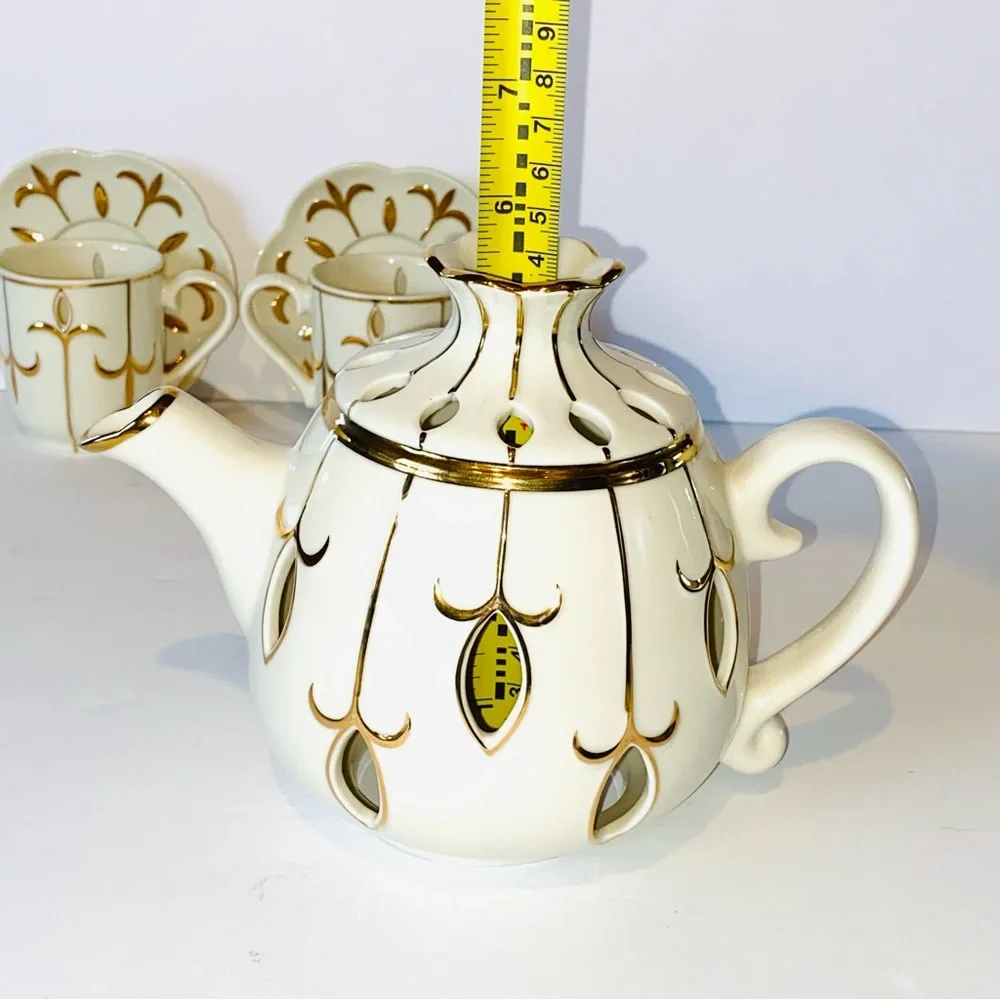 Partylite Tea for Two 5pc Votive Candle Holders Teapot Cups Saucers Ivory & Gold - Picture 13 of 15